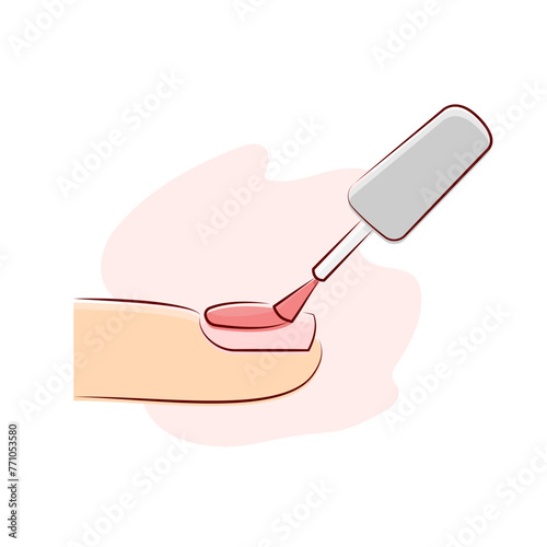 nail polishing, red gel polish application manicure vector illustration