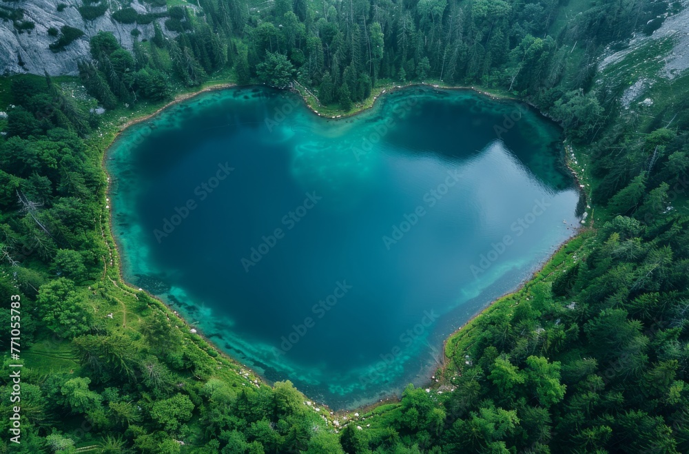 Aerial view of the heart-shaped lake in forests, clear water, generated with AI