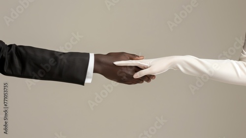 African male hand with black suit sleeve, pulling a white female hand with white sleeves,generated with ai