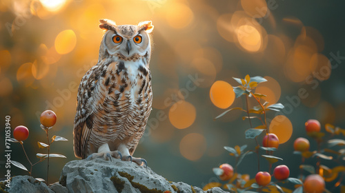 An owl against the background of sun glare sits on a rock among bushes with red berries