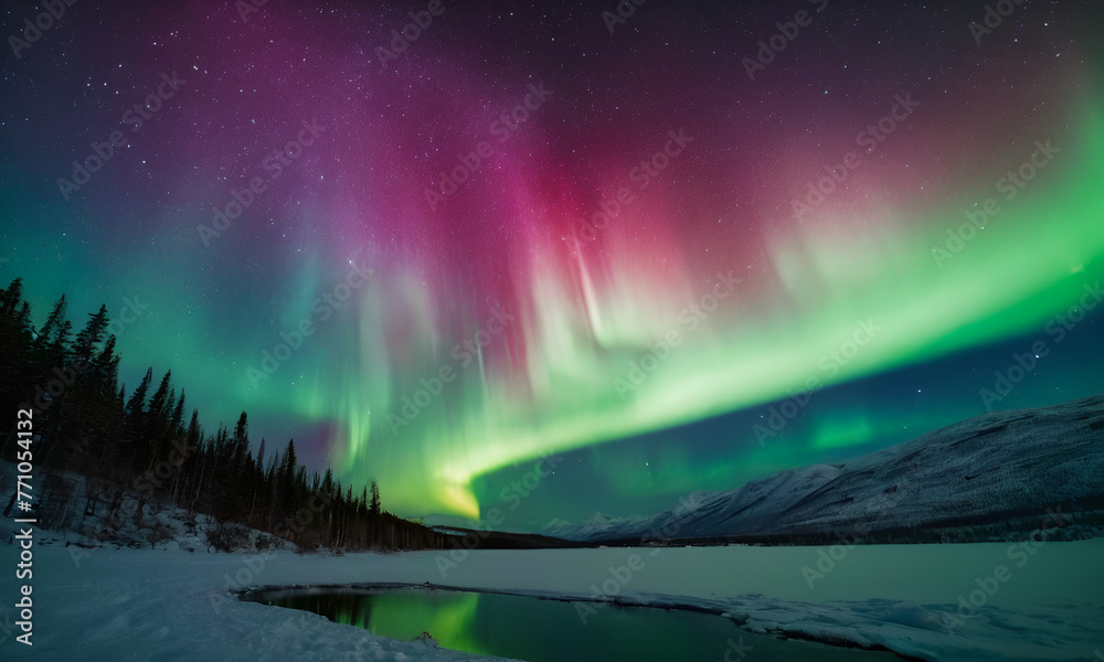 Aurora borealis. Green and purple aurora borealis over snow-capped mountains. Night sky with polar auroras. Winter nightscape with auroras and reflections on water surface. Natural background.