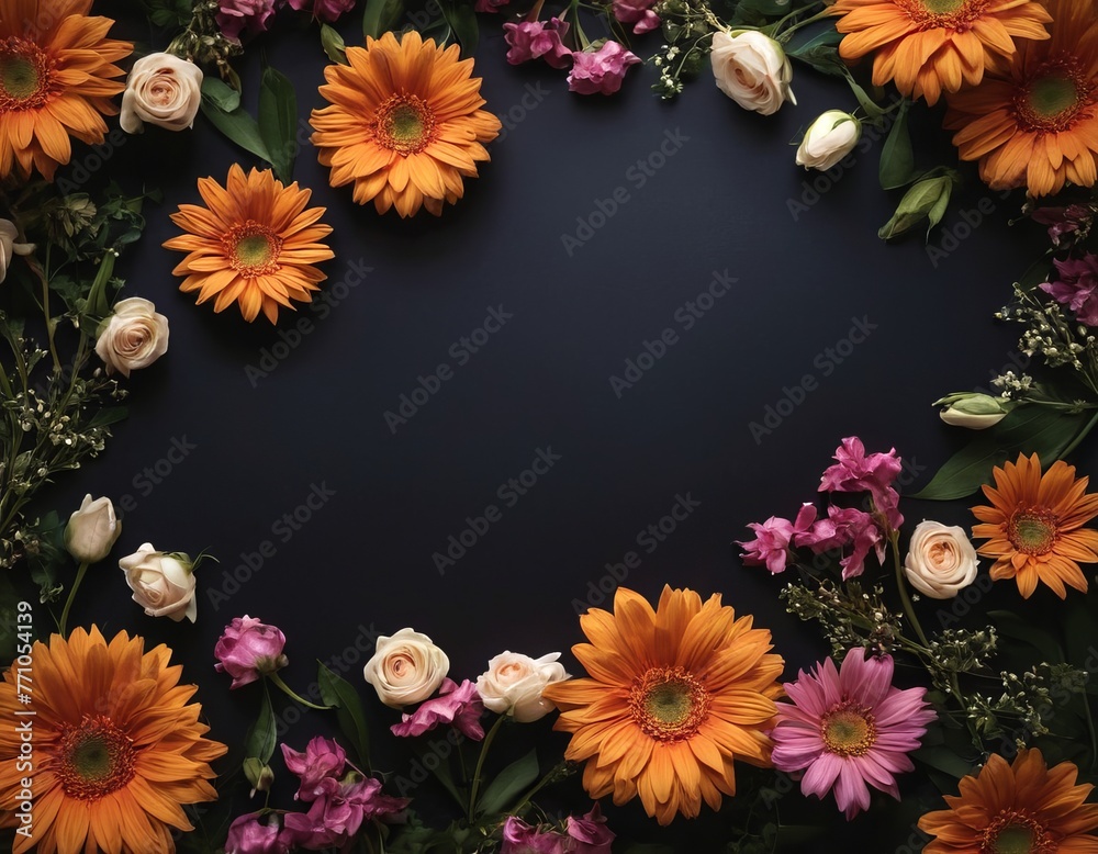 A beautiful arrangement of bright flowers creating a natural frame with a dark space in the center. copy space. Flat lay, top view
