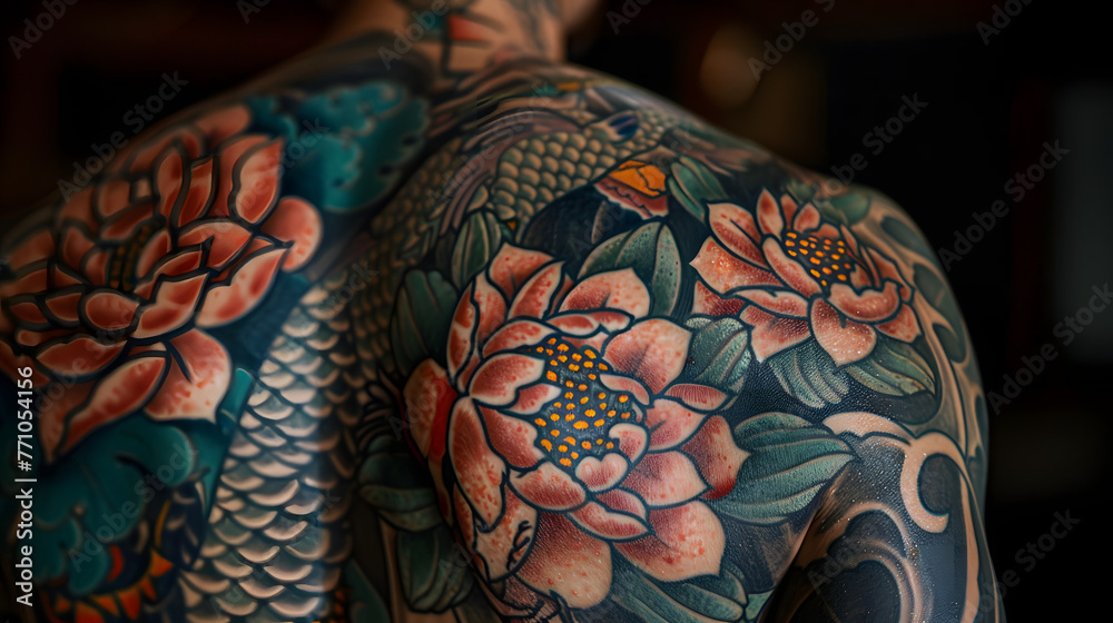 Vibrant traditional Japanese flower tattoo displaying rich colors and detailed petal patterns