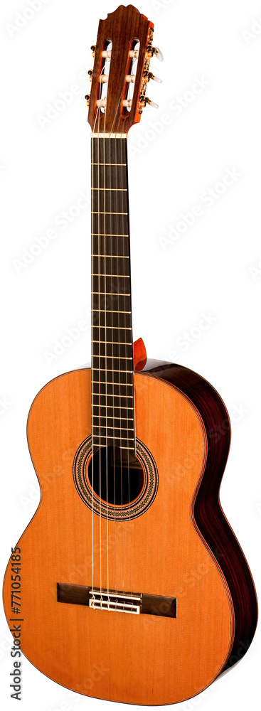 Obraz premium Classical Spanish flamenco guitar close up, dramatically lit isolated on white background with copy space.