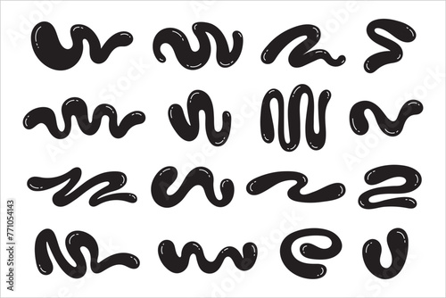 Liquid, organic y2k style squiggles, blob shapes groovy doodle lines, bold scribbles, wavy stripes. Fluid paint stains, trendy graphic design elements set, text background collection. Editable glares.