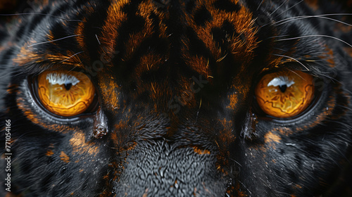 Close-up of a tiger's eyes with orange eyes and dark fur photo