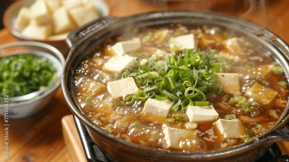 Steaming bowl of miso soup with finely chopped green onions. Asian cuisine. Menu, magazine, cookbook photo Steaming bowl of miso soup with finely chopped green onions. Asian cuisine. Menu, magazine, cookbook photo