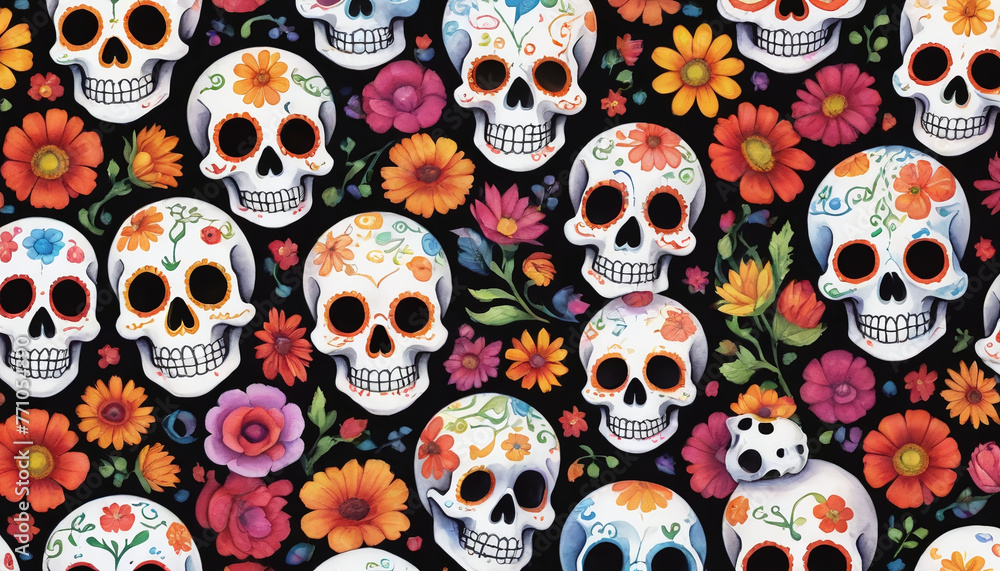 Painted Skulls And Flowers Pattern For Dia De Los Muertos