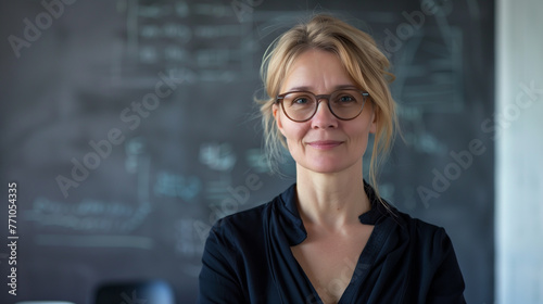 a women professional teacher is standing in front of a blackboard