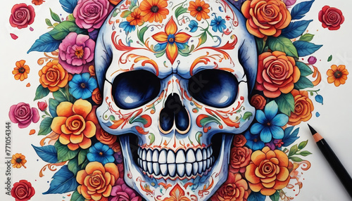 Decorative Skull With Flowers For Dia De Los Muertos