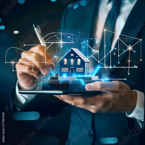 Digital real estate transaction management concept, with agents and clients electronically signing contracts and documents securely and efficiently. photo