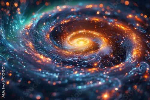 A spiral galaxy with rainbow colors and sparkling stars, centered in the frame, macro photography with a bokeh effect and depth of field in the psychede, generated with AI photo