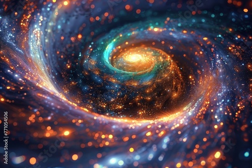 A spiral galaxy with rainbow colors and sparkling stars, centered in the frame, macro photography with a bokeh effect and depth of field in the psychede, generated with AI