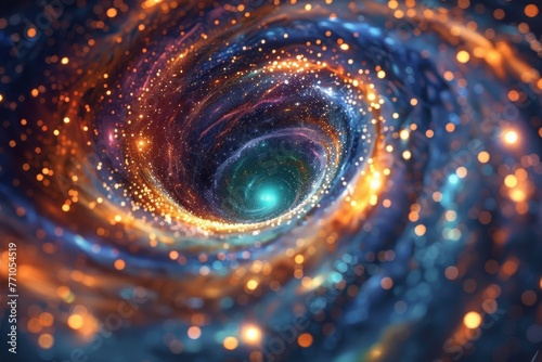 A spiral galaxy with rainbow colors and sparkling stars, centered in the frame, macro photography with a bokeh effect and depth of field in the psychede, generated with AI