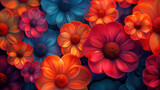 flowers in a close-up shot with bright red, orange and blue petals on a dark background