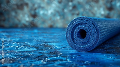 Close up of a blue yoga mat rolled up on a premium gym floor,generated with ai