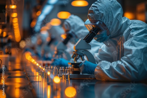 Close up of scientists in protective suits using microblades and microscope to study test tubes on table, blurred background with other laboratory equipment and blue color theme, generated with AI