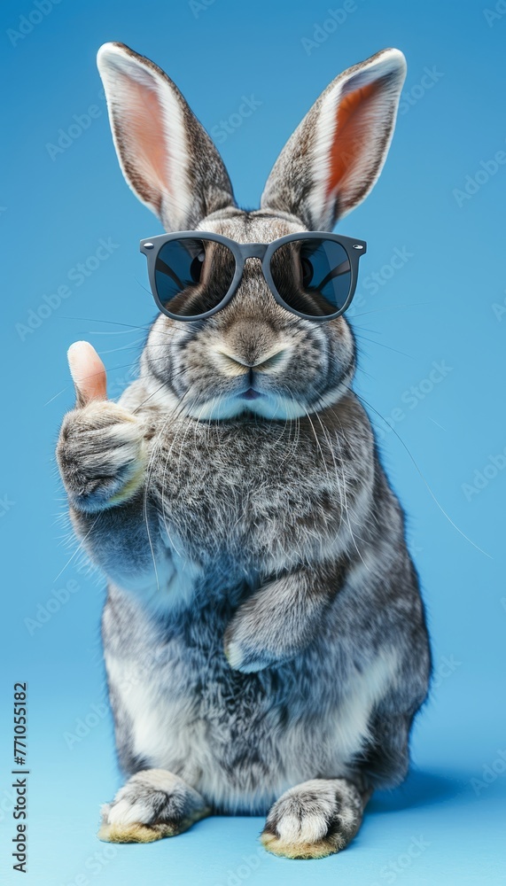 Cool easter bunny rabbit with sunglasses giving thumbs up on pastel background for text