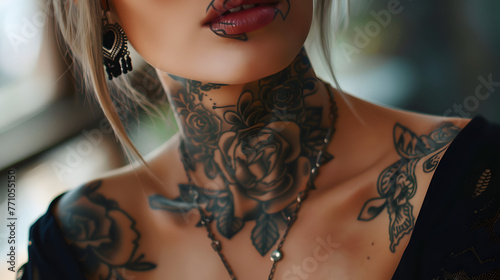 A woman's neck and chest area adorned with rose and butterfly tattoos, creating a striking image