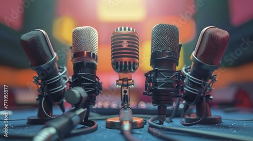 A close-up shot showcasing six microphones on a table, generated with AI