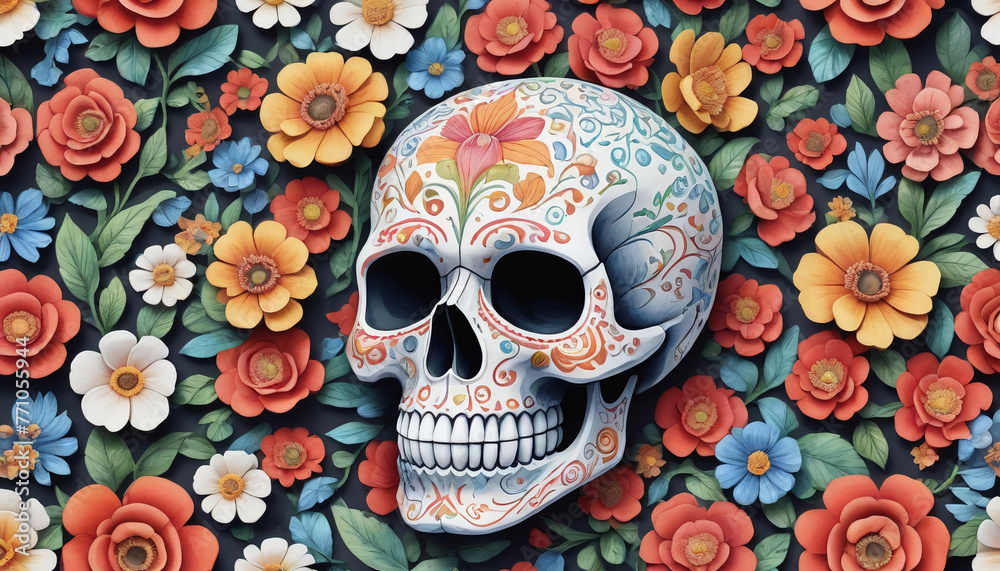3D Skull With Flowers Pattern For Cinco De Mayo In Papercut Style 3D Skull With Flowers Pattern For Cinco De Mayo In Papercut Style