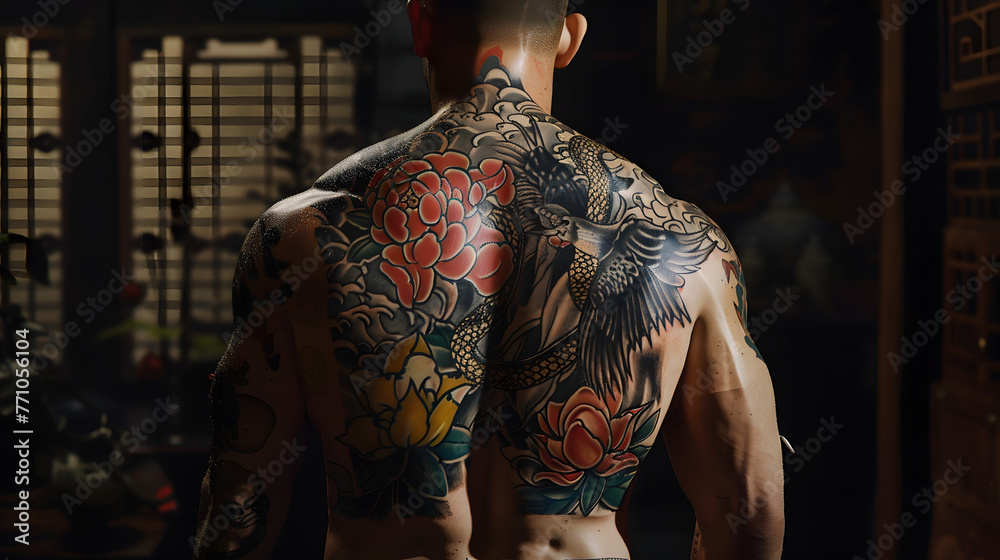 Dramatic image of a man's tattoo-covered back, drawing attention to the traditional Japanese style