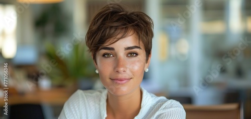 photo of the most beautiful woman in Europe, she has short hair and is wearing an elegant white shirt at work as head strage director for restaurant management company photo