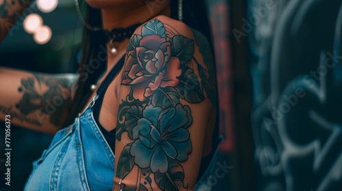 The image showcases a woman's arm adorned with a vibrant and colorful floral tattoo, highlighting the blend of nature and personal decor