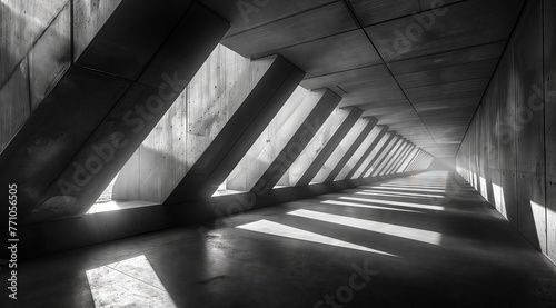 square tunnel with light coming from the top, captured in a black and white photographic style. The interior of an empty concrete room is visible through openings at both ends of each side of the wall
