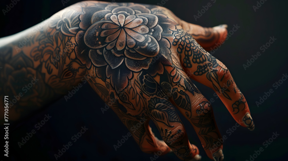 Detailed monochrome floral tattoo covering the hand, exhibiting excellent shading and pattern work