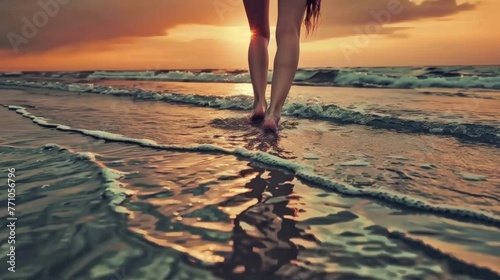 Low angle view of girls feet walking on beach at sunset. professional photography , generated with AI