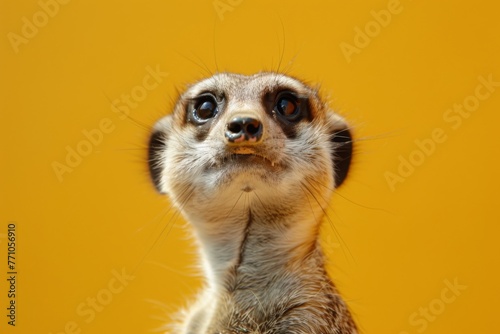 Meerkat stands and looks into the distance against a solid yellow background, generated with AI