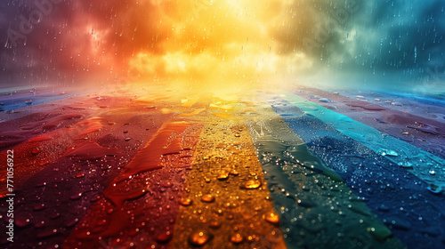 Abstract colored background with wet road effect reflecting rainbow in the rain photo