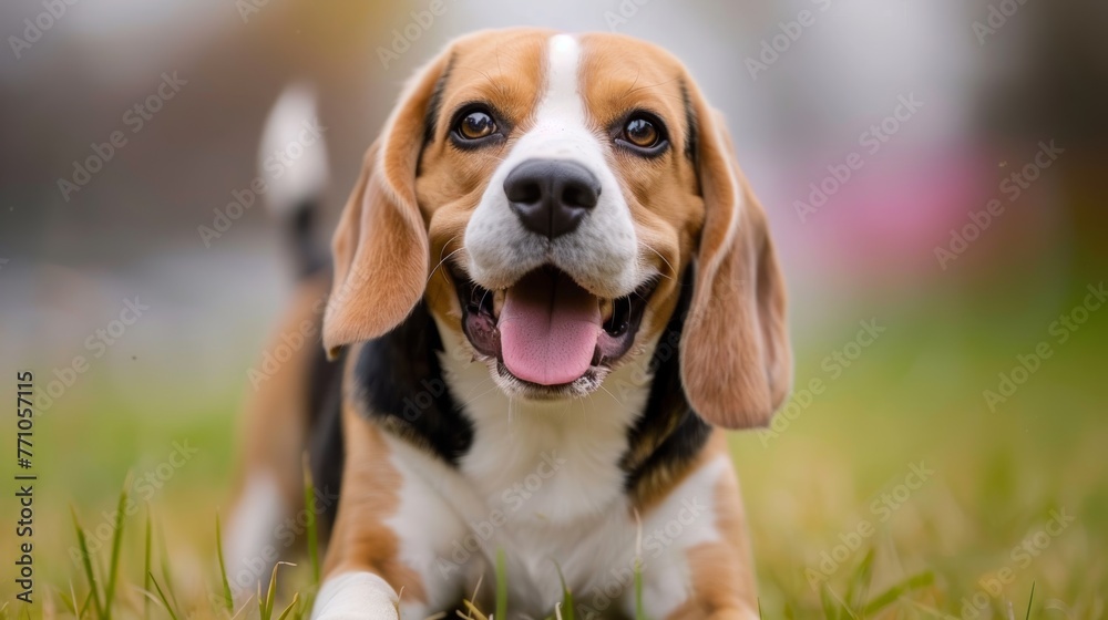 Playful beagle dog joyfully running and frolicking in a vibrant green grass field