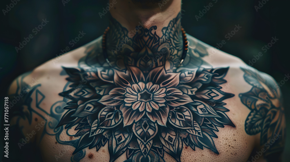 This striking image showcases a person with a detailed black and white neck tattoo, focusing on the artistry of monochromatic tattoos