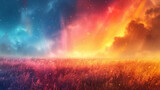 image of a field of flowers against the background of a bright sunset merging with the cosmic starry sky
