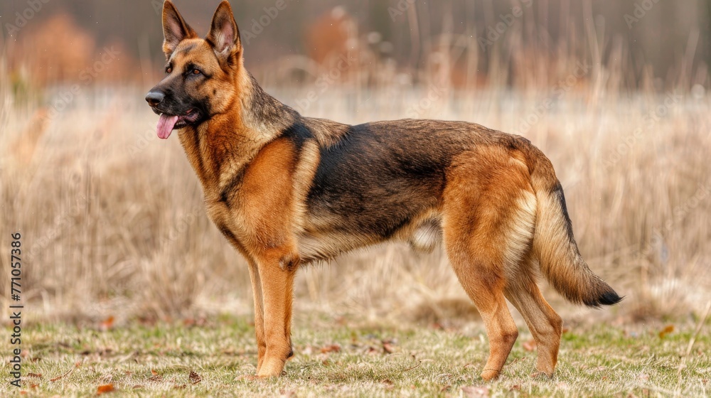 Alert german shepherd puppy proudly standing as a loyal guardian in a vast field Alert german shepherd puppy proudly standing as a loyal guardian in a vast field