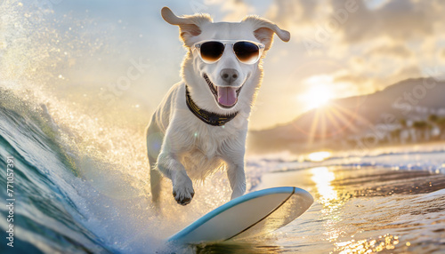 funny dog with sunglasses on surfboard rides the wave in the sea landscape at sunset,chance,good time,opportunity,vacation and summer concept