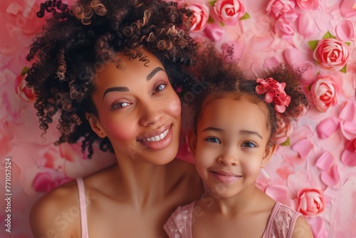 Mother and daughter stand together, framed by a wall of pink flowers.