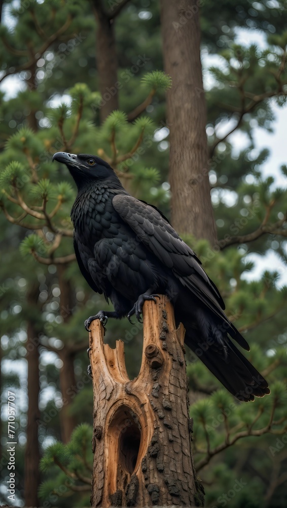 Mysterious Black Raven on Hollow Pine Perch in Serene Forest
Mysterious Black Raven on Hollow Pine Perch in Serene Forest