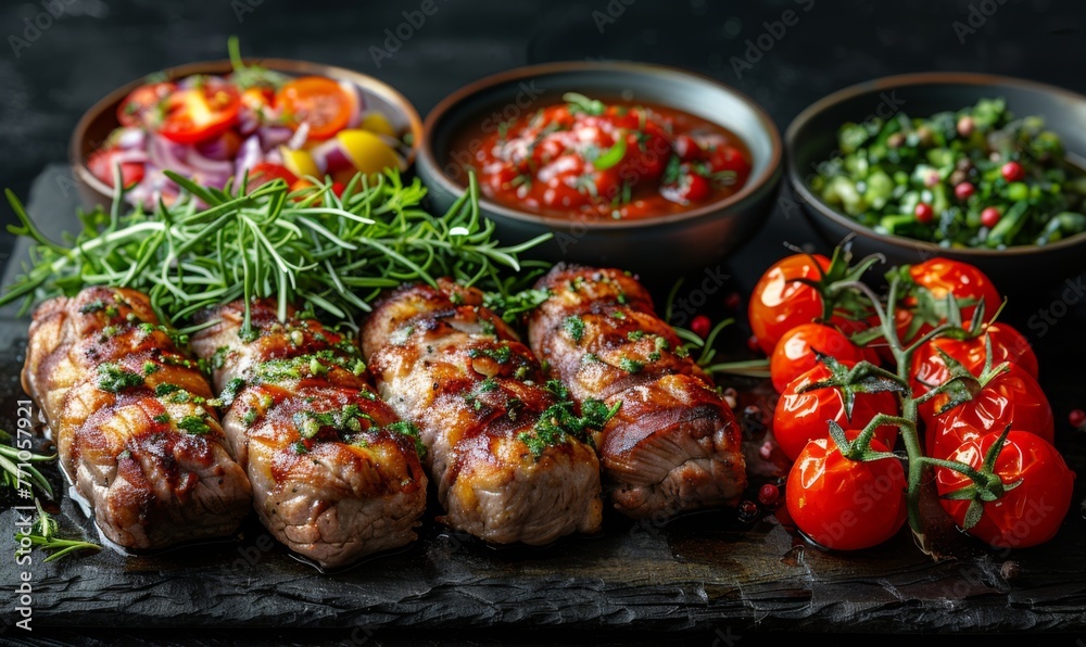 Professional photo about Braciole with perfect food presentation in the restaurant, top view, generated with AI