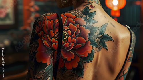 Exquisite, large peony tattoo in vivid colors adorns a woman's back, denoting beauty and prosperity photo