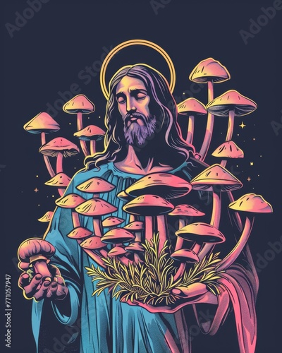 Psychedelic jesus holding psychedelic mushroom cluster t-shirt design,generated with ai