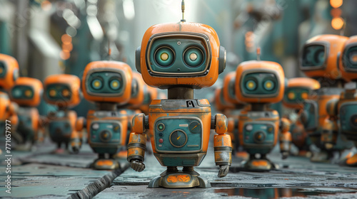 Lots of little robots with orange elements and big screen eyes