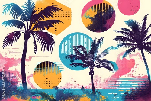 Summer vibe background with trendy halftone elements. Grunge graffiti pop art style. Detailed palm tree tops silhouettes and colorful circle shapes photo
