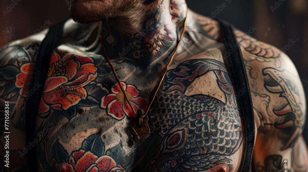 Zoomed-in photograph highlights detailed and colorful tattoos on a man’s chest, depicting traditional imagery and symbolism