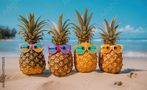 Pineapples with sun glasses on the beach. Summer vacation and travel concept.
