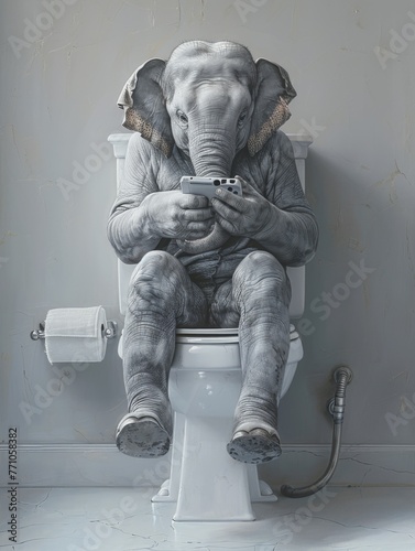 Elephant sitting on toilet with its legs and reading newspaper, white minimalist modern realistic bathroom, generated with AI