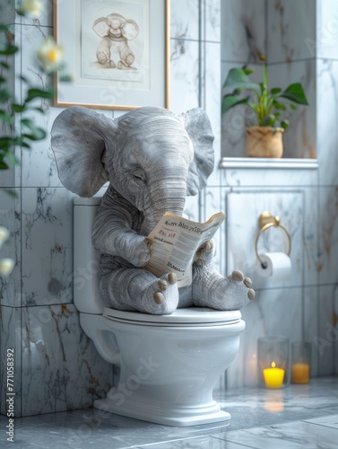 Elephant sitting on toilet with its legs and reading newspaper, white minimalist modern realistic bathroom, generated with AI