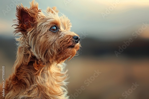 Yorkshire terrier with brown eyes looks into the distance. © Neuraldesign